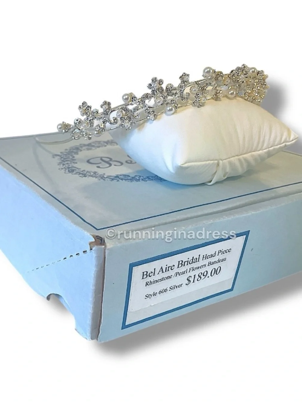 Vtg 90s Bel Aire Bridal Headpiece Style 606 Silver Pearl Rhinestone Tiara Crown